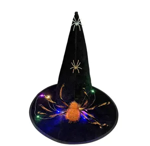 Halloween black witch hat detail featuring glowing spider and LED lights for party costume.