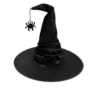 Black witch hat with hanging spider for Halloween party costume decoration detail view.