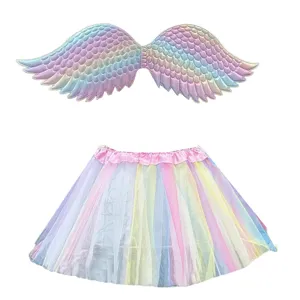 Colorful rainbow angel wings and pastel tutu skirt set for girls birthday party dress
