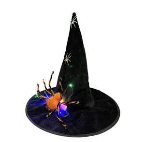 Halloween black witch hat with glowing spider and LED lights for party costume decor