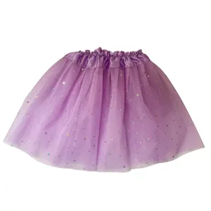 Purple mesh tutu skirt with shiny foil stars for holiday party, dance performance and Halloween.
