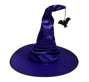 Detailed view of the purple Halloween witch hat with a hanging bat and classic pleated design.