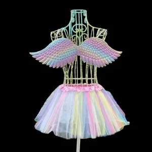 Children rainbow fairy wings and tutu skirt detail, colorful costume set for kids party.