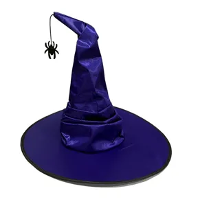Halloween purple witch hat with dangling spider, pleated wizard cap for party costume dress.