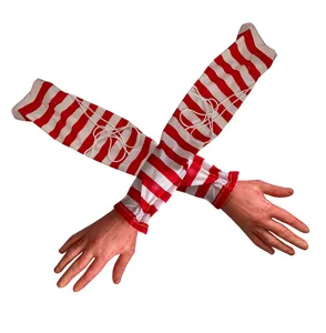 Halloween bloody severed hand prop detail, red white striped sleeve scary decoration