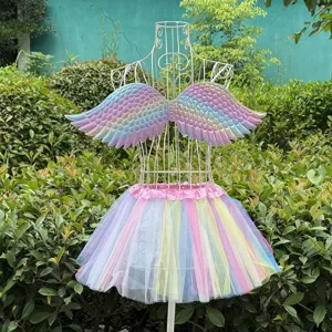 Kids unicorn costume set with iridescent angel wings and pastel rainbow tulle tutu skirt.