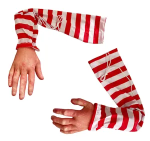 Halloween bloody severed hands prop with red white striped sleeves scary hanging party decor