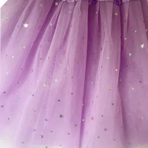 Purple mesh tulle skirt fabric featuring sparkly silver star sequins for holiday party costumes.