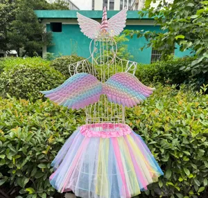 Kids unicorn tutu set with gradient rainbow wings and headband costume for party.