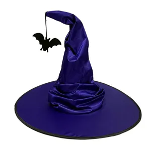 Purple witch hat for Halloween party, featuring a classic pleated design and hanging bat decoration.