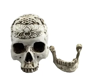 Resin human skull model with detachable jaw, carved floral gothic decor for Halloween aquarium