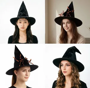 Detailed view of black Halloween witch hats with spider and bead chain designs for party costumes.