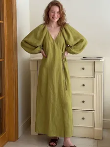 Französischer Stil Puffärmel tief V-Ausschnitt Maxikleid, lässiges lockeres Wickelkleid Damen.