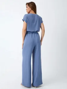 Casual blue two piece set for women featuring short sleeve top and wide leg pants outfit.
