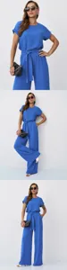 Stylish blue short-sleeve top and wide-leg pants set detail view, elegant women's fashion.