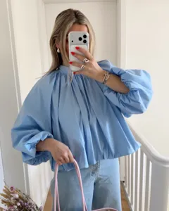 French high neck solid color blouse women casual long bubble sleeve chic summer top stylish