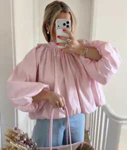 Pink puff sleeve high neck blouse french style solid color casual elegant long sleeve top