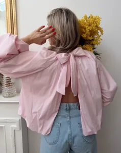 French style solid color open back blouse with bow tie and puff sleeves for women top