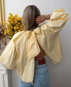 French style solid backless blouse with big bow detail, elegant puff sleeve chic summer top.