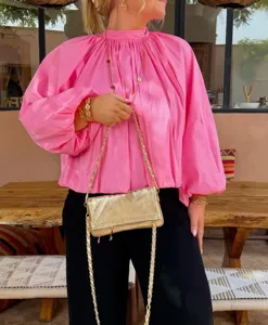 French style solid color pink blouse with elegant stand collar and chic balloon sleeves.