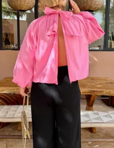 French style pink backless blouse women tie bow high neck puff sleeve chic elegant top