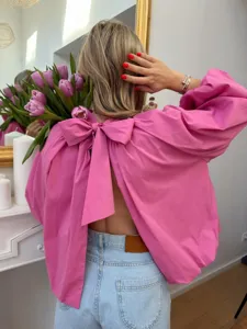 French style open back bow tie bubble sleeve solid color women shirt elegant chic top