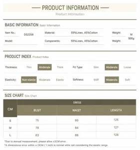 Detailed linen cotton dress size chart and fabric composition specifications table info.