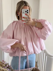Chic French pink puff sleeve blouse for women, elegant long sleeve casual daily top wear.