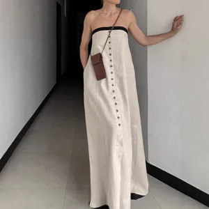 French style strapless linen long dress detail, chic button-down design for summer wear.