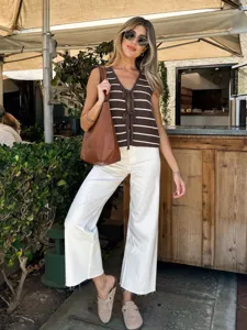 Summer casual striped knit vest for women, relaxed fit v-neck sleeveless top for daily wear.