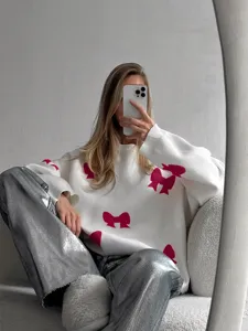 Süßer Schleifen Strickpullover für Damen, lässiger Rundhalsausschnitt langarm Pullover weiß.