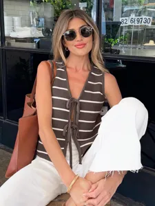 Summer casual striped knit vest for women, sleeveless front tie design, trendy chic top.