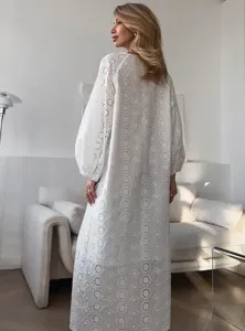 Femme ete manches longues broderie anglaise robe longue coton plage vacances robe maxi