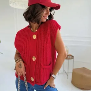 Chunky knit sleeveless vest cardigan for women button front casual outerwear apparel
