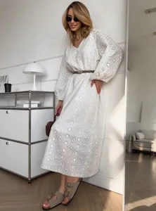Été femmes manches longues robe maxi brodée blanc décontracté boho plage vacances coton chic