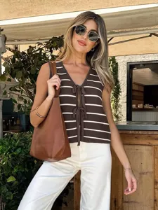 Summer casual striped knit vest for women, sleeveless v-neck tie front sweater top for daily wear.