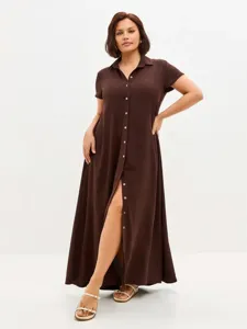 Damen braune Maxi Hemdbluse Kleid kurzarm Knopfleiste Freizeit eleganter Sommer Maxikleid