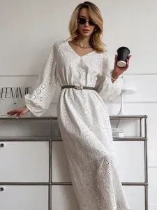 Femmes Été Français Luxe Coton Manches Longues Ajouré Maxi Robe Vacances Décontractées Protection Solaire Plage Longue Robe