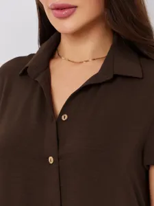 Braunes französisches minimalistisches Kurzarm-Hemdkleid für Damen schickes Alltagsoutfit