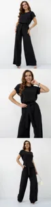 Elegant black two piece set featuring a loose short sleeve top and wide leg pants for women.