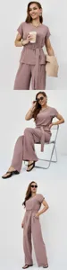 Elegant women's two-piece casual set featuring a chic short-sleeve top and wide leg trousers.