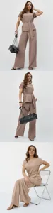 Detailed shot of women casual two-piece pants set with short sleeve top and belt.