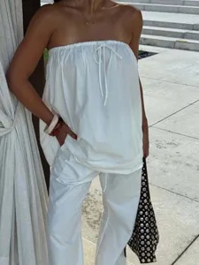 Γυναίκες Καλοκαίρι Γαλλικό Στυλ Casual Strapless Tube Top Και Μακρύ Παντελόνι Σετ Δύο Κομματιών Chic Κομψό Outfits Διακοπών