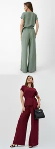 Detail view of the stylish casual two-piece outfit featuring a chic top and wide-leg trousers.