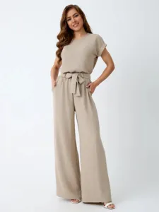 Chic European style women two piece set casual short sleeve top wide leg pants outfit