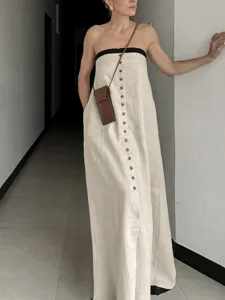 Women's Casual Off Shoulder Strapless Linen Blend Maxi Dress Elegant Solid Color Single Breasted Long Party Dress