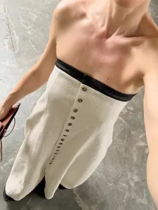Chic strapless linen long dress with black contrast band and front buttons, elegant style.