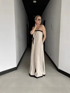 Women casual off-shoulder strapless linen long dress elegant button front maxi dress for summer