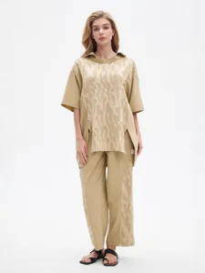 Ensemble Loungewear Casual en Mélange de Coton Jacquard pour Femmes Haut Manches Courtes et Pantaloni Pyjama Ample