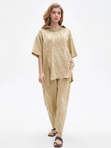 Ensemble deux pièces jacquard décontracté femme haut manches courtes pantalon long